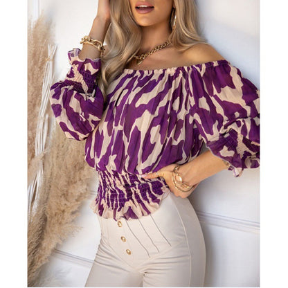 Blouse in Abstract Animal Print with Bardot Neckline - purple side pose