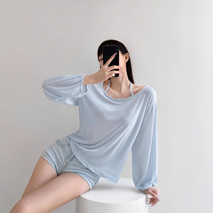Top with Off-Shoulder Halter Strap - light blue seated front view