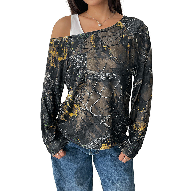 Top in Army Green Woodland Print with Faux-Layered Neckline - army green relaxed front fit