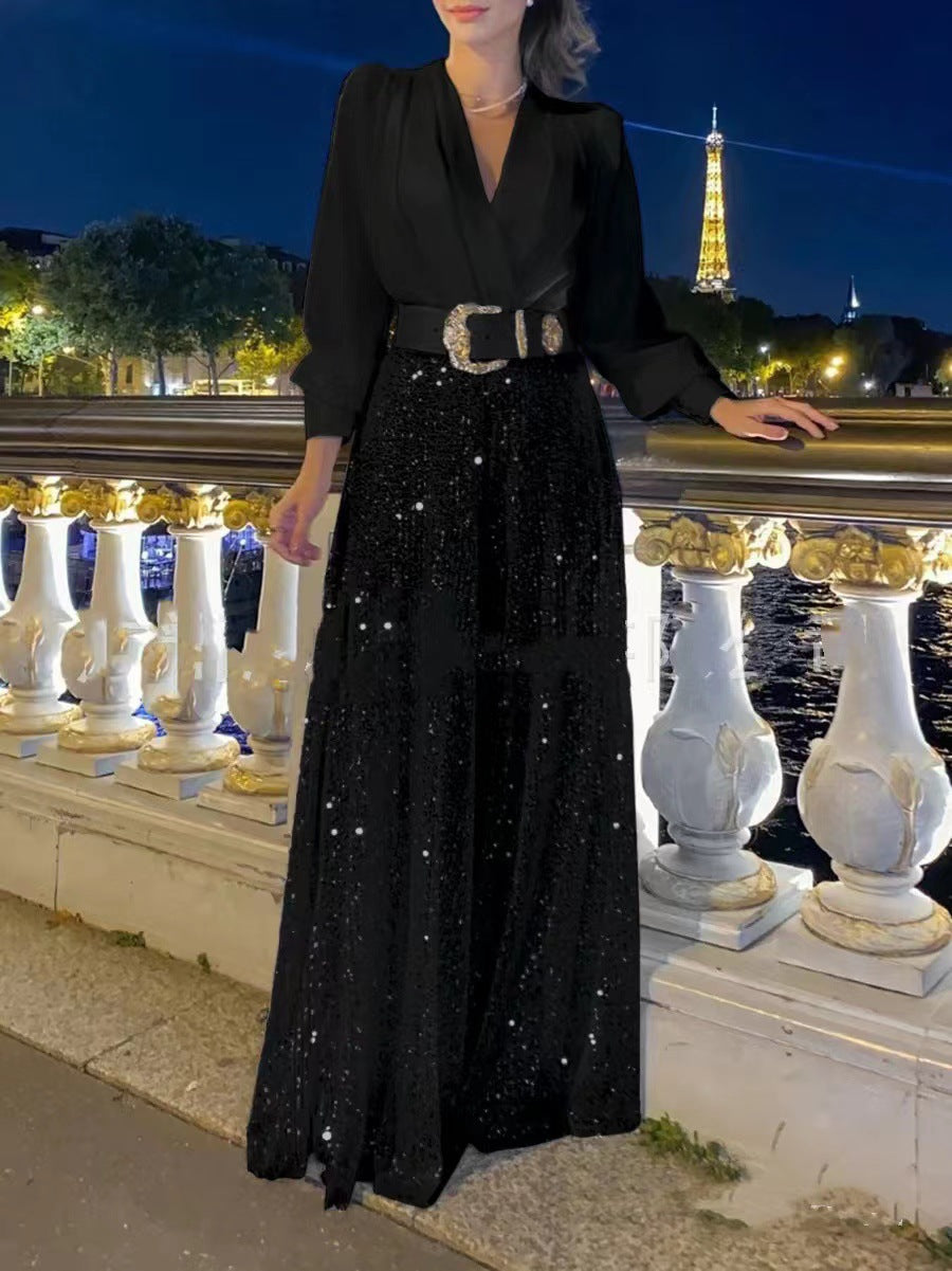 Co-Ord Set with Belted V-Neck Blouse & Sequin Wide-Leg Trousers - black full-length front view