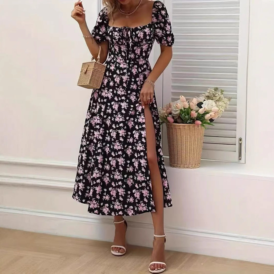 Maxi Dress in Floral Print with Lace-Up Front and Side Split - purple floral full-length front view