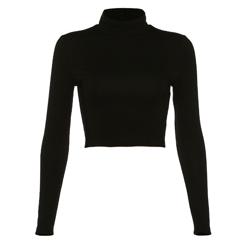 Long-Sleeve Crop Top in Black with Lace-Up Back - flat lay front