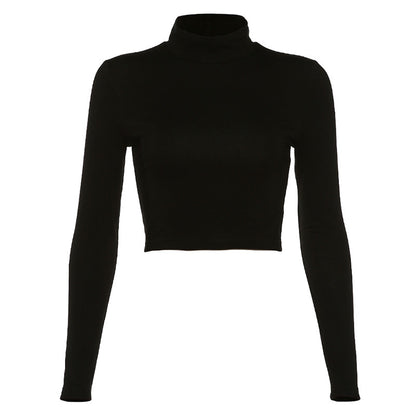 Long-Sleeve Crop Top in Black with Lace-Up Back - flat lay front