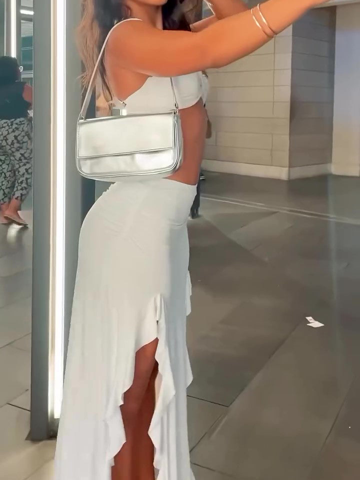 Bandeau Top & Ruffled Slit Maxi Skirt Co-Ord in White - white side profile maxi skirt slit