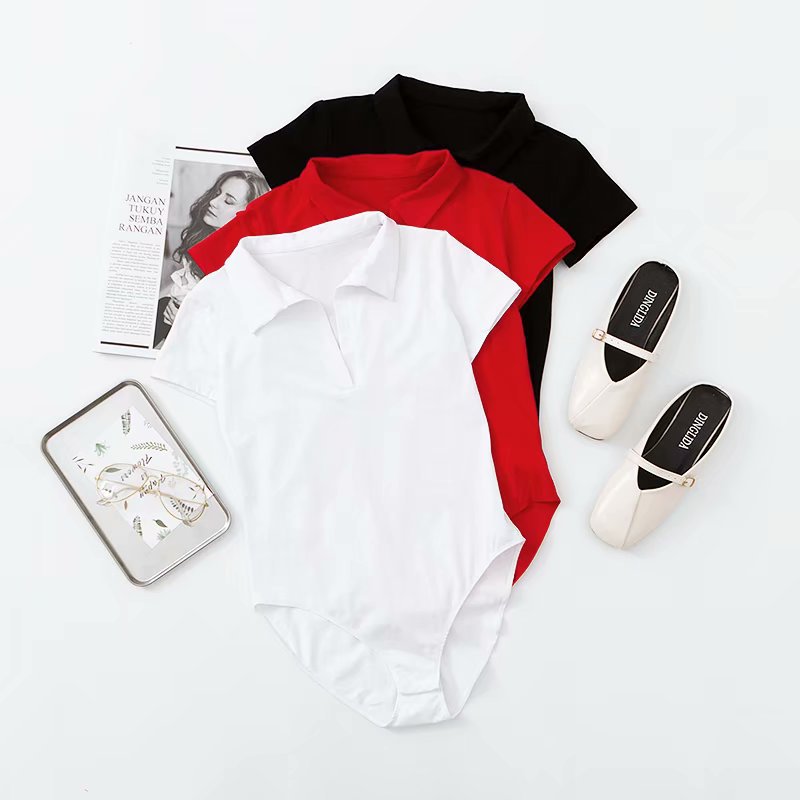 Bodysuit with Polo Collar in Black, Red or White - black red and white flat lay view