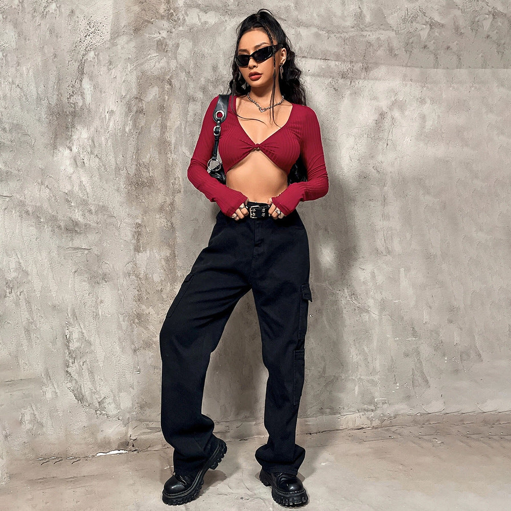 Crop Top in Wine Red with Twist Front Cut-Out - wine red full-length outfit view