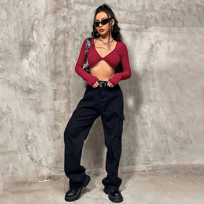 Crop Top in Wine Red with Twist Front Cut-Out - wine red full-length outfit view