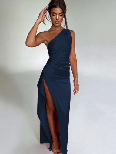 Maxi Dress in Satin with One-Shoulder Open Back and Split - navy side front view