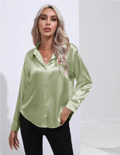 Blouse in Satin with Open Collar and Long Sleeves - light green front view