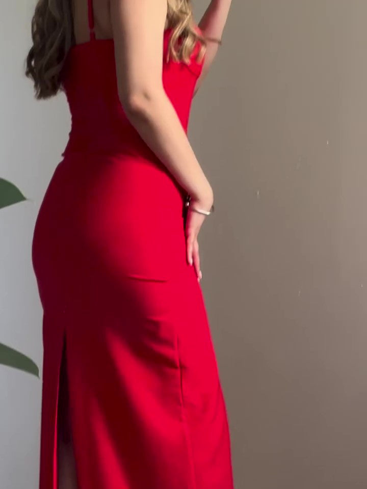 Maxi Dress in Red with Sweetheart Neckline and Back Slit - red side and back view