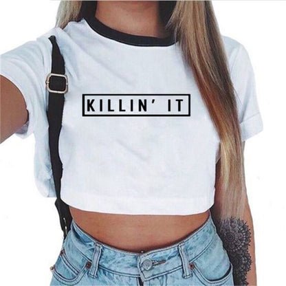 Crop T-Shirt in White with Graphic Print and Contrast Trim - white front with Killin' It slogan print