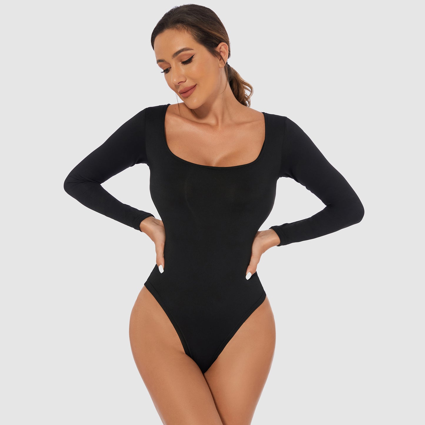 Bodysuit with Square Neck and Long Sleeves - black front full length