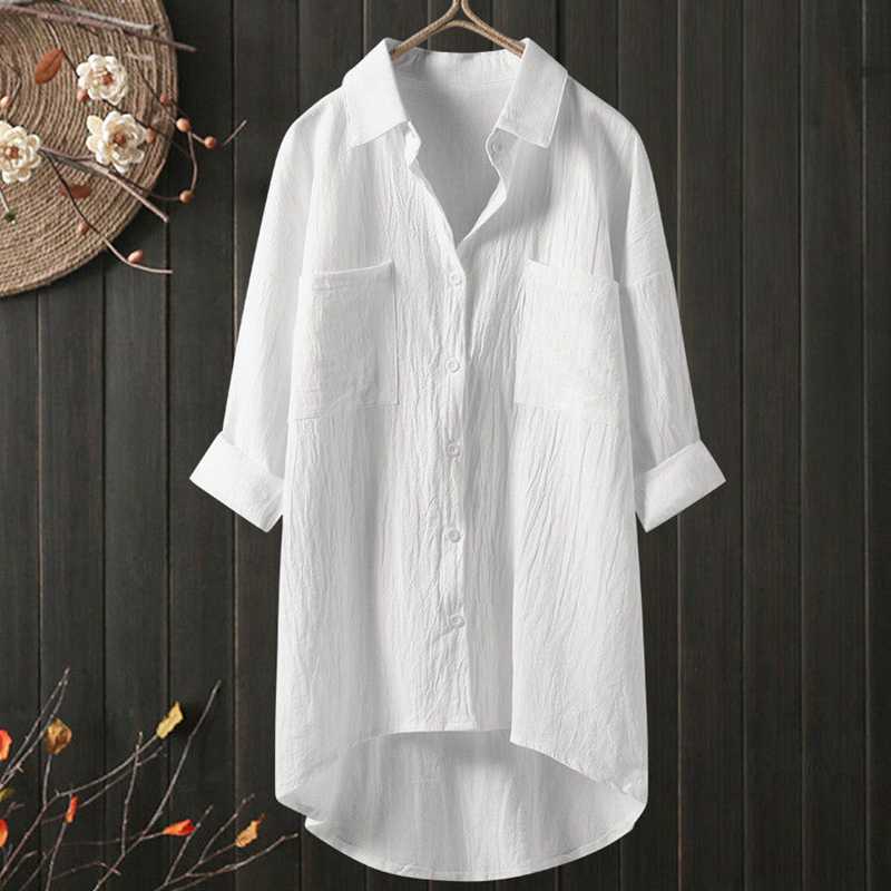 Longline Cotton-Linen Shirt with Curved Hem - white front view on dark backdrop