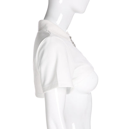 Cropped Polo Top with Double Ring Zip in White - white side view