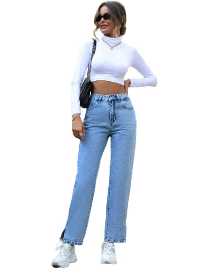 Straight-Leg High-Waist Jeans in Light Blue - full front cutout view