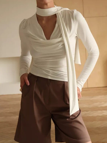 Long-Sleeve Top with Scarf Neck and Drape Front - white front view with draped scarf panel