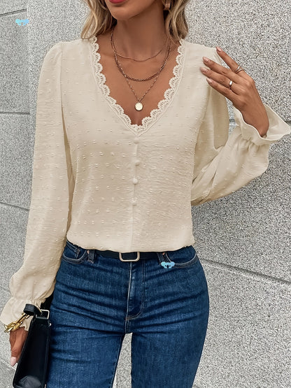Blouse with Scalloped V-Neck and Button Front - apricot front view