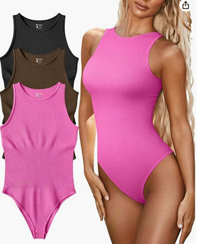 Bodysuit in Ribbed Cotton, Sleeveless Crew Neck - pink front studio composite