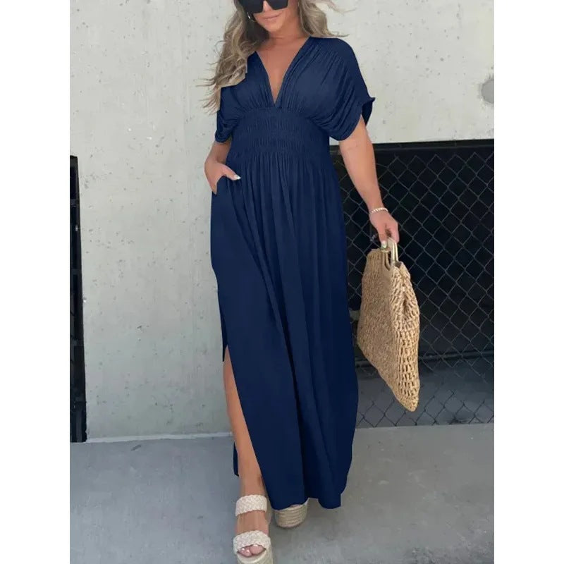 Maxi Dress with Batwing Sleeves, V-Neck and Side Slit - dark blue front view