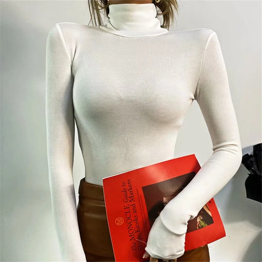 Bodysuit in Stretch Cotton with High Neck and Long Sleeves - white front lifestyle