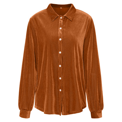 Shirt in Velvet Stripe with Relaxed Longline Fit - caramel flat lay