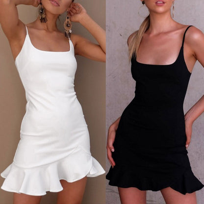 Cami Mini Dress with Square Neck and Ruffle Hem - white and black front view