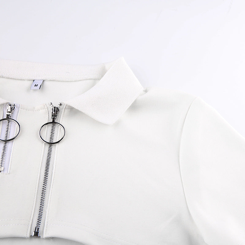 Cropped Polo Top with Double Ring Zip in White - white upper front detail with fold-over collar