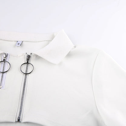 Cropped Polo Top with Double Ring Zip in White - white upper front detail with fold-over collar