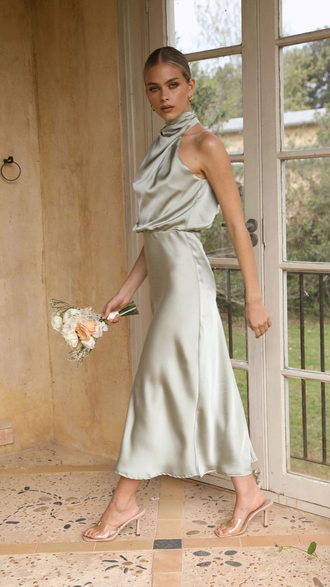 Maxi Dress with Draped Halterneck and Satin-Feel Finish - Light Green side view