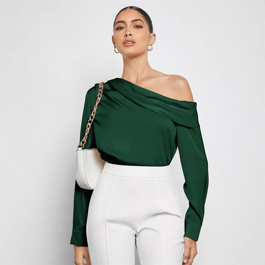 Blouse in Forest Green with Asymmetric One-Shoulder Neckline - forest green front close view with collarbone drape