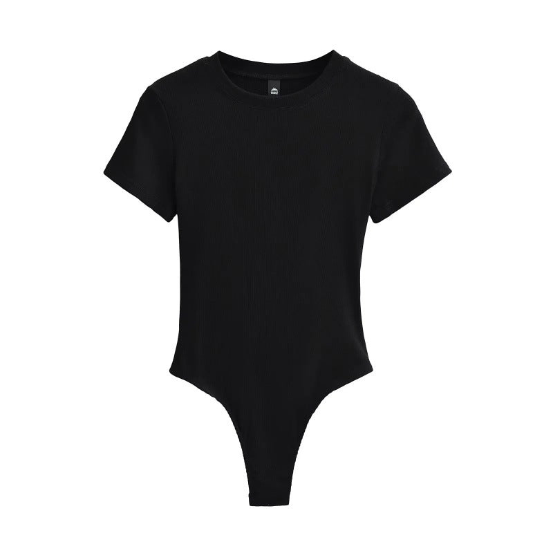 Bodysuit in Stretch Cotton with Short Sleeves - black front view