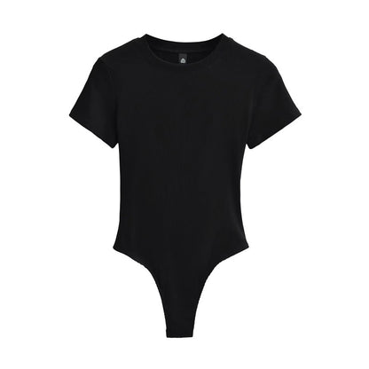 Bodysuit in Stretch Cotton with Short Sleeves - black front view