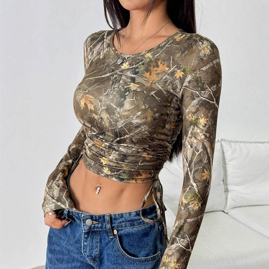 Long Sleeve Ruched Crop Top in Olive Branch-Print Mesh - olive front close-up showing ruched waist