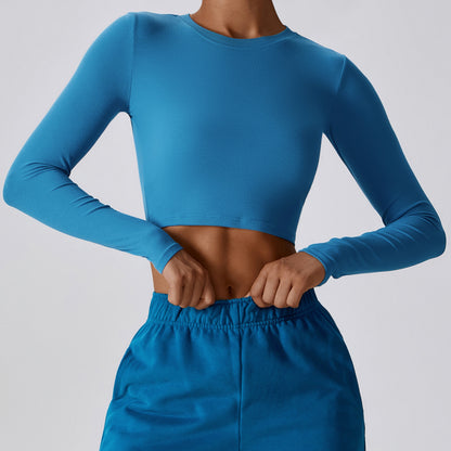 Crop Top with Thumbhole Cuffs in Quick-Dry Stretch - Peacock Blue front view