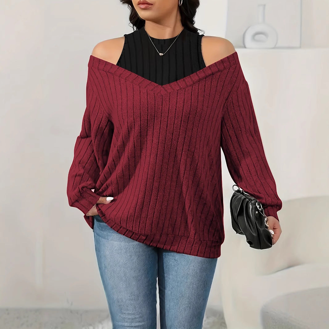 Knit Top in Wine Red with Cold-Shoulder Contrast Panel - wine red front view