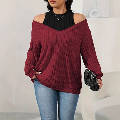 Knit Top in Wine Red with Cold-Shoulder Contrast Panel - wine red front view
