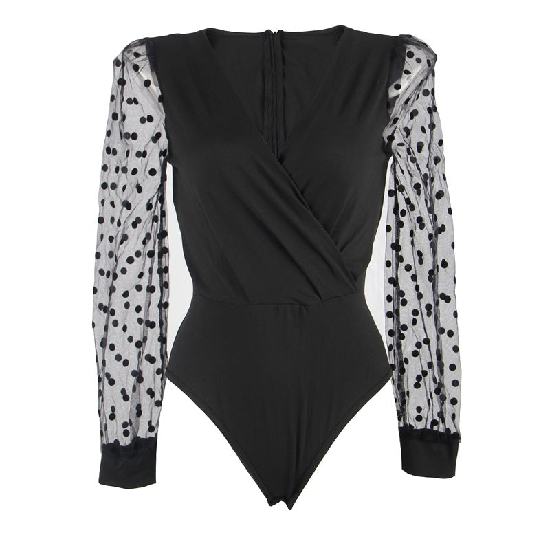 Bodysuit in Black with Polka Dot Mesh Sleeves - black flat lay front view