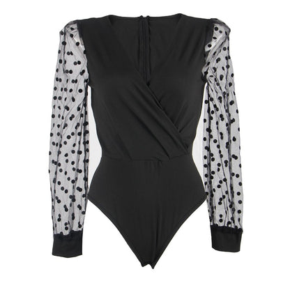 Bodysuit in Black with Polka Dot Mesh Sleeves - black flat lay front view