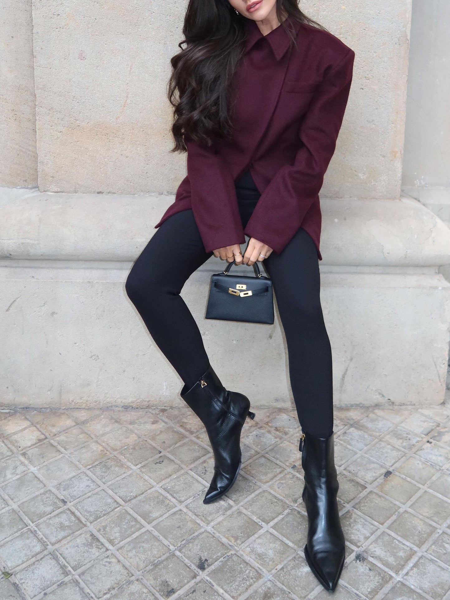 Cross-Placket Tailored Blazer in Burgundy - burgundy seated full-length styled view