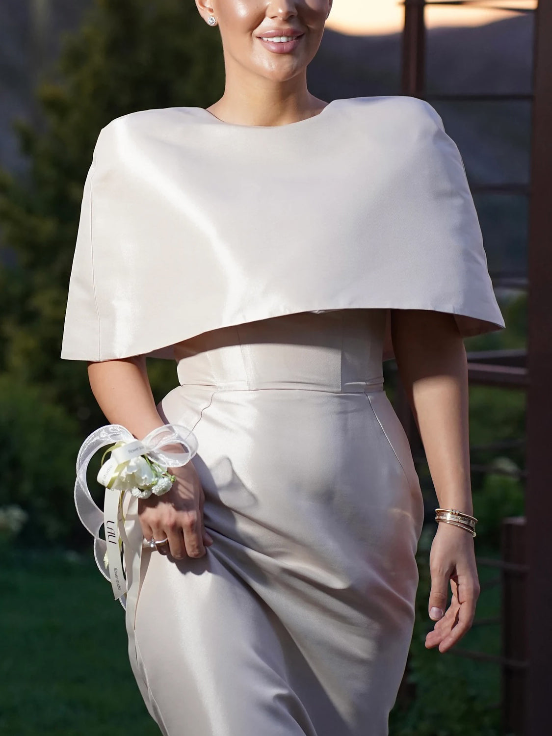 Cape-Style Top & Column Maxi Dress Set in Ivory Satin - ivory mid-length walking view