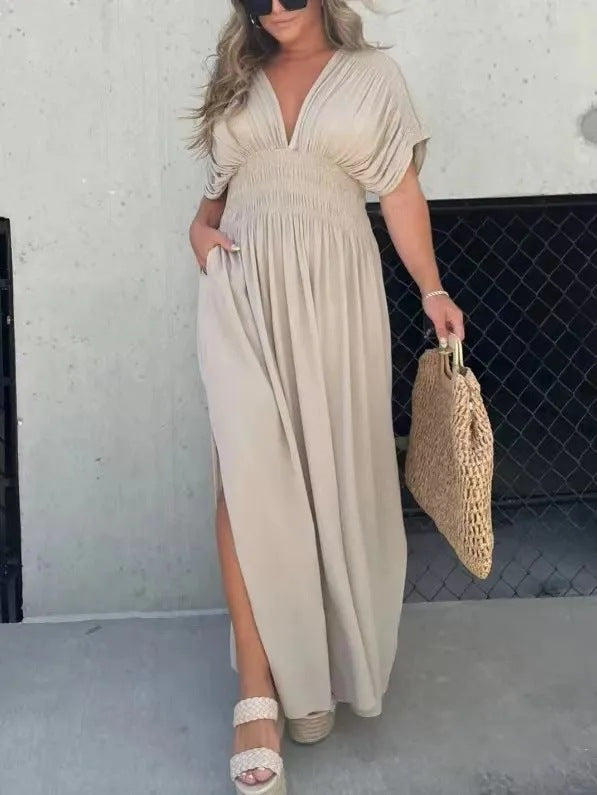 Maxi Dress with Batwing Sleeves, V-Neck and Side Slit - khaki front view