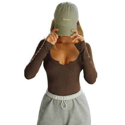 Long-Sleeve Top with Heart Notch Neckline - coffee front view