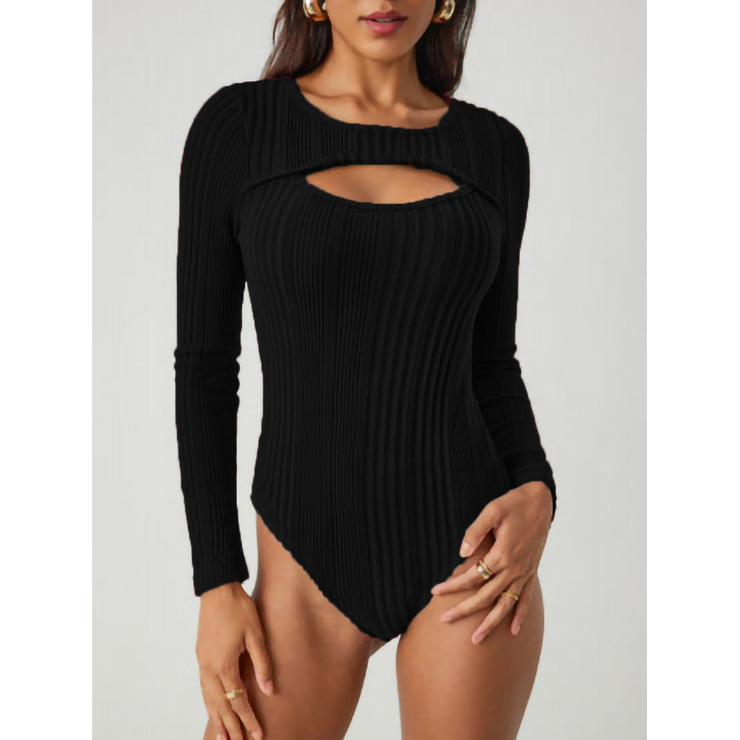 Bodysuit in Ribbed Knit with Keyhole Cut-Out - black front view