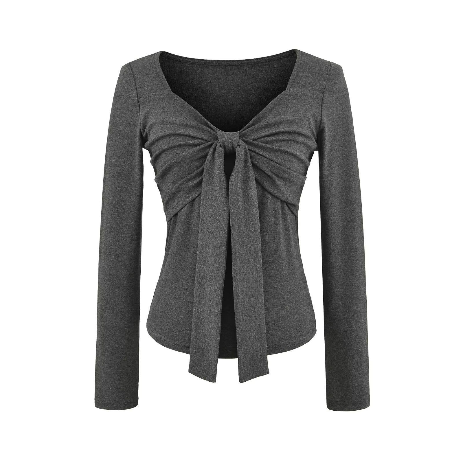 Top with Ruched Tie Front and Long Sleeves - dark grey flat lay front