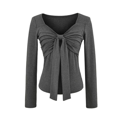 Top with Ruched Tie Front and Long Sleeves - dark grey flat lay front