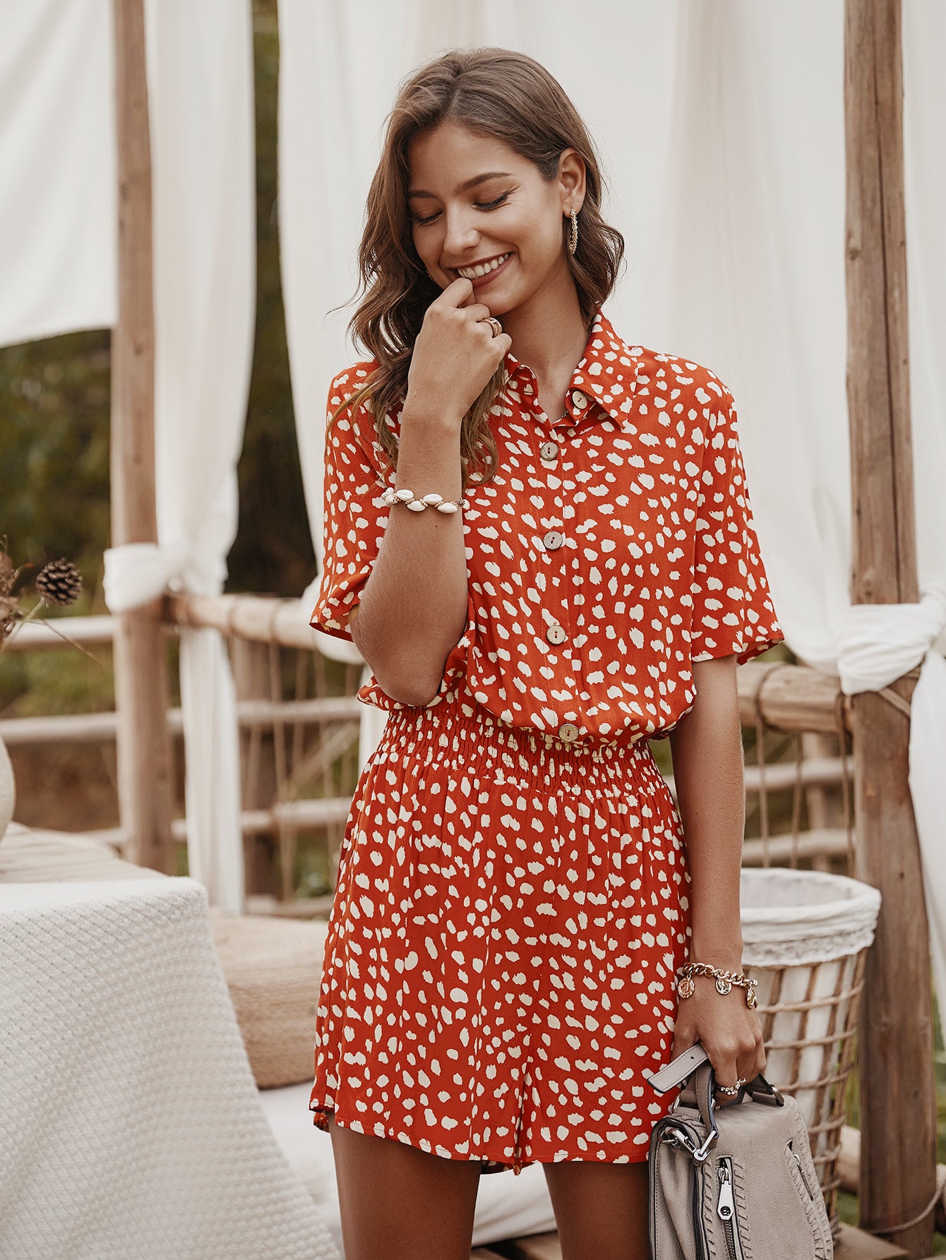 Playsuit with Shirt Collar in Ditsy Floral Print - orange front view