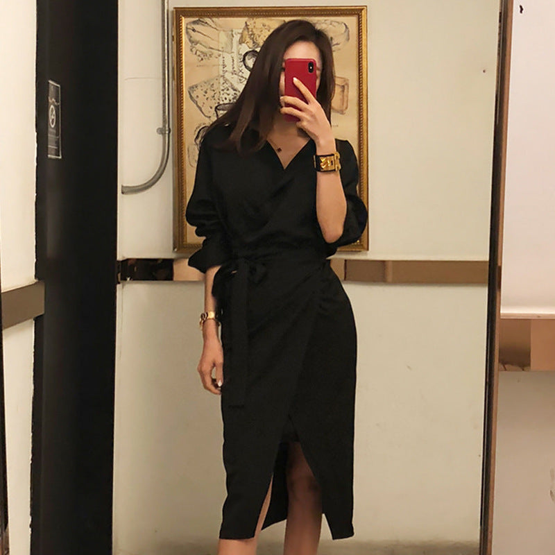 Wrap Midi Dress in Black with Tie Waist - black full-length mirror front view