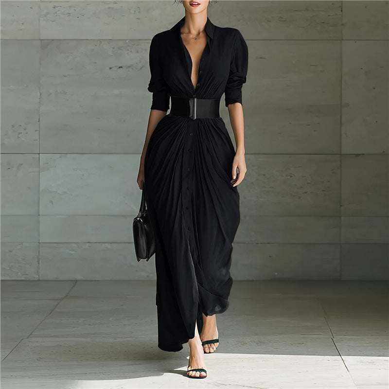 Maxi Shirt Dress with Draped Skirt and Wide Waist Belt - black front full-length view