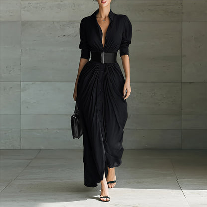 Maxi Shirt Dress with Draped Skirt and Wide Waist Belt - black front full-length view