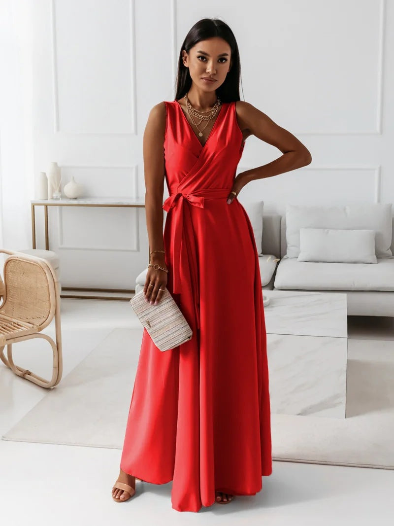 Maxi Dress with Wrap V-Neck and Tie Waist - red front view